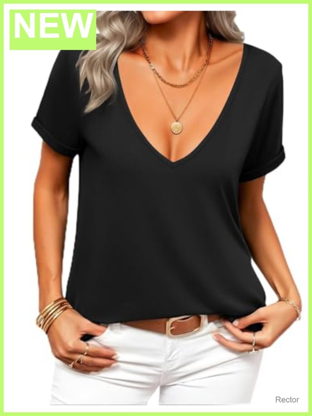 Women's Deep V Neck Short Sleeve T-Shirt Loose Fit Summer Top